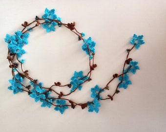 Beaded hand knit Turkish lace, dahlia necklace in blue and brown colors, gift for her