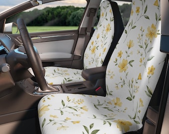 Fundas de asiento de coche con estampado floral amarillo, accesorios de coche estilo cottagecore, decoración botánica de flores silvestres para el automóvil.