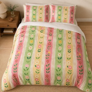 Edredón de algodón con estampado floral a rayas de mediados de siglo / Ropa de cama con margaritas rosas, verdes y amarillas