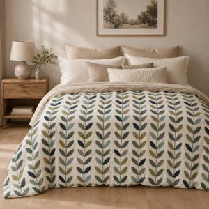 May include: A bedding set featuring a duvet cover with a repeating vertical pattern of stylized leaves in shades of dark green, olive, and muted blue on an off-white background, accompanied by several beige and cream-colored decorative pillows.
