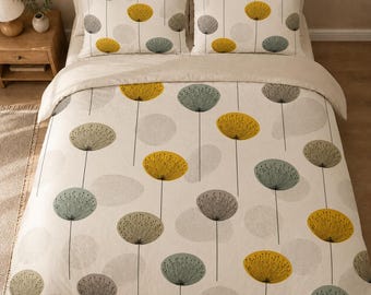 Juego de ropa de cama de estilo moderno de mediados de siglo, juego de edredón escandinavo Dandelion, juego de cama en gris mostaza y salvia.