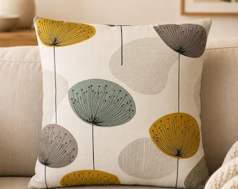 Fodera per cuscino in stile Mid-Century Modern, cuscino verde salvia e giallo senape, decorazione floreale atomica