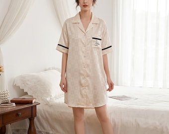 Women's Champagne Silk Sleep Shirt | Button Down Nightgown | Classic Boyfriend Sleepwear | Bridesmaid Pajama Dress | Luxury Lounge Shirt