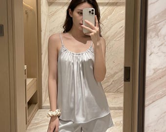 Light Blue Silk Pajama Set | Gathered Camisole and Shorts Set | Romantic Bridal Pajamas | Luxury Loungewear | Silk Cami Set Gift for Her