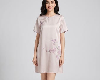 Luxury Mulberry Silk Nightgown for Women | Champagne Floral Silk Sleep Dress | Elegant Short Sleeve Nightshirt | Bridal Sleepwear | Gift