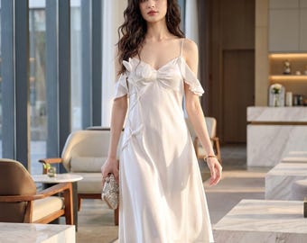White Silk Nightgown Women | Romantic Slip Dress Sleepwear | Off Shoulder Ruffle Silk Chemise | Luxury Silk Sleepwear Gift Set