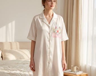 Women's White Silk Sleep Shirt | Cute Fox Print Button Down Nightgown | Satin Boyfriend Sleepwear | Luxury Loungewear Gift for Her