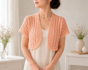 Peach Lace Bolero Crochet Pattern, Short Sleeve Shrug PDF (Instant Download)