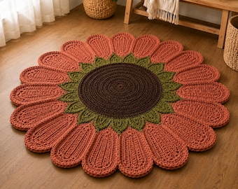 Crochet Flower Rug Pattern PDF, Chunky Floral Floor Mat, Boho Sunflower Home Decor