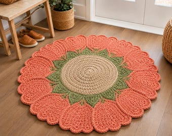 Crochet Flower Rug Pattern PDF, Coral Bloom, Sage Leaves, Boho Home Decor (Digital Download)