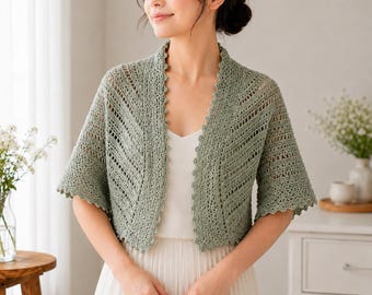 Sage Lace Crochet Bolero Pattern, Open Front Shrug, Short Sleeve Cardigan (PDF Download)