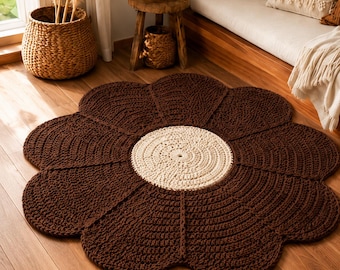 Brown Daisy Crochet Rug Pattern PDF, Boho Flower Floor Mat (Digital Download)