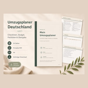 Puede incluir: Un documento de planificador de mudanzas digital titulado Umzugsplaner Deutschland con 26 páginas en formato A4. El PDF imprimible incluye listas de verificación, presupuestos y listas de empaque con texto verde oscuro sobre fondo beige.