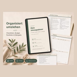 Può includere: Un tablet digitale che mostra un pianificatore di traslochi intitolato Mein Umzugplaner, insieme a liste di controllo e un piano di budget stampati. Il testo include Organisiert umziehen, Schnellstart-Checkliste, Budgetplan e Packliste Wohnzimmer & Homeoffice.