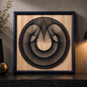May include: A square wall art piece featuring black string art arranged in a circular pattern on a light wood background, enclosed within a dark blue frame. The intricate thread design creates a geometric, symmetrical shape with curved lines.