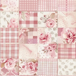May include: A patchwork fabric design featuring a grid of square panels in shades of pink and white. The pattern includes alternating squares of floral illustrations, gingham checks, polka dots, and plaid textures arranged in a repeating layout.