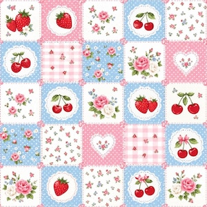 May include: A patchwork fabric design featuring a repeating grid of squares. The pattern includes illustrations of red strawberries, bright red cherries, and pink and white roses on backgrounds of light blue, soft pink, and white polka dots.