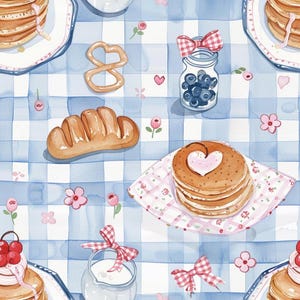 May include: A repeating pattern featuring watercolor illustrations of stacks of pancakes, a jar of blueberries, a loaf of bread, a pretzel, and a pitcher of milk on a blue and white checkered background with small pink flowers and red bows.