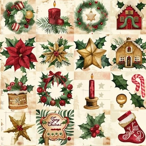 Peut inclure: Un motif en grille présentant des illustrations à l'aquarelle de motifs de Noël, notamment des couronnes, des bougies rouges, des poinsettias, des étoiles dorées, des maisons en pain d'épices, du houx, des baies, des sucres d'orge et une chaussette avec le texte Toy Chitra.