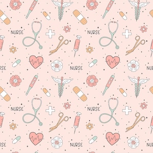 May include: A repeating pattern on a light pink background featuring medical icons including stethoscopes, syringes, caduceus symbols, bandages, pills, hearts with EKG lines, and flowers, interspersed with the word NURSE in black text.