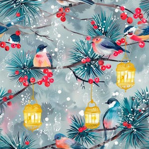 May include: A repeating pattern featuring small birds with blue and orange plumage perched on pine branches with red berries and snow. The design includes hanging yellow lanterns against a soft, muted blue-gray background with white snowflakes.