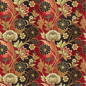 Könnte beinhalten: Ein sich wiederholendes Textilmuster mit stilisierten Chrysanthemenblüten in Creme-, Schwarz- und Rottönen. Das Design umfasst kompliziertes goldbraunes Blattwerk und geschwungene Ranken auf einem dunkelroten und schwarzen strukturierten Hintergrund.