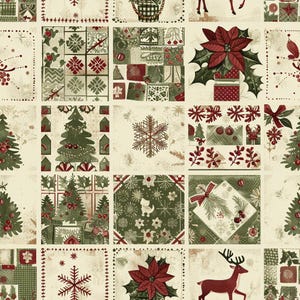 Tela de algodón con estampado de renos y patchwork navideño — 0,5 metros • Corte continuo para pedidos de varias unidades