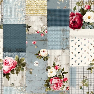 Tyg med blommigt lapptäcke i vintagestil, blått rustikt rosa tyg, quiltningstyg, stugdekorationstyg, bondgårdstyg, 100 % bomull, en halv meter
