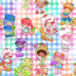 May include: A repeating pattern fabric featuring various cartoon characters with colorful outfits and accessories, including hats and pets, set against a background of a white and multicolored watercolor-style gingham check grid.