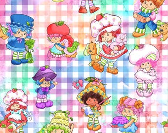 Strawberry Shortcake Fabric Watercolor Gingham Fabric Whimsical Retro Doll Fabric Cartoon Fabric 100% Cotton Fabric By The Half Yard
