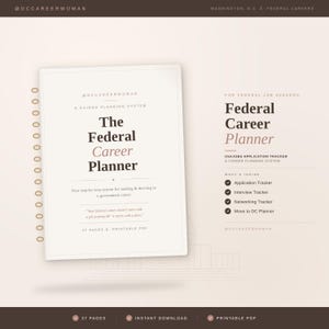 May include: A digital Federal Career Planner document featuring a guided planning system for federal job seekers. The cover displays the title, 37 pages, and printable PDF text. The layout includes an application, interview, and networking tracker.
