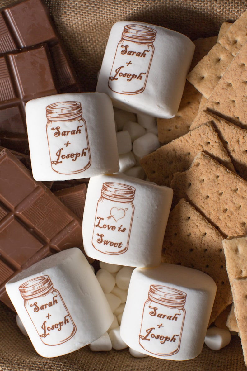 Wedding Favors . Custom Wedding Marshmallows. Mason Jar design. Fire Pit. Fall Wedding Idea. Personalized Favors. Grooms Cake. Smores Bar. image 1