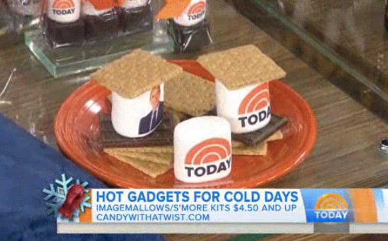 May include: A plate of s'mores kits with graham crackers, chocolate, and marshmallows. The marshmallows are branded with the "TODAY" logo and topped with graham crackers. The plate is orange and the background is blurred.