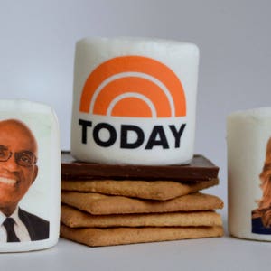 May include: Marshmallows with images of Al Roker and Natalie Morales, and the Today show logo. The marshmallows are stacked on graham crackers and chocolate, resembling a s'more.