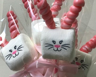 May include: A bouquet of pink and white marshmallow bunny pops with pink and white swirl candy sticks as ears. The marshmallow pops are wrapped in clear cellophane and tied with a pink ribbon.