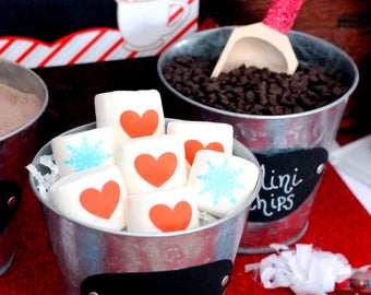 Custom Marshmallows. Winter Favors. Smores Bar. Hot Chocolate Cocoa Bar. Snowflake. Red Heart. Trendy Guest Favors. Unique Hostess Gifts