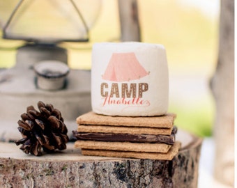 May include: A white marshmallow with a pink tent and the text "CAMP Annabelle" printed on it. The marshmallow is on top of a stack of graham crackers.