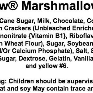 May include: Text on a white background reads "ImageMallow Marshmallow Smore Kit." The ingredients are listed, including milk chocolate, graham crackers, and marshmallow glucose syrup. A choking warning is also included.