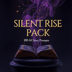 Op de afbeelding: Een digitaal productomslag getiteld SILENT RISE PACK 100 AI Story Prompts door AURAVEIL CREATIVE. Een open boek met goudkleurige blauwe kaften rust op een donker voetstuk, met wervelende paarse rook die uit de pagina's opstijgt tegen een zwarte achtergrond.