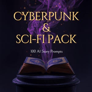 Könnte beinhalten: Ein aufgeschlagenes Buch mit goldgeprägtem, dunkelblauem Einband auf einem runden Sockel. Über dem Buch steigt violetter Rauch vor schwarzem Hintergrund auf. Der Text lautet: CYBERPUNK & SCI-FI PACK, 100 AI Story Prompts und AURAVEIL CREATIVE.