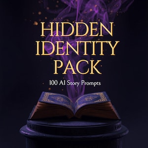 Op de afbeelding: Een digitale afbeelding met de tekst HIDDEN IDENTITY PACK 100 AI Story Prompts en AURAVEIL CREATIVE. Een open boek met een donkerblauwe kaft en gouden details rust op een voetstuk, met paarse rook die uit de pagina's opstijgt.