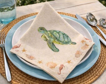 Dining Napkin made of Cotton Twill Napkin 22x22 for Table Setting Dinnerware with Sea Turtle Design with Seashells Dinner Napkin Home Decor