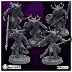 May include: A set of four grey, unpainted fantasy demon miniatures standing on circular bases. Each figure features large horns, muscular builds, and armour plates. They are equipped with spears, maces, and shields. Text reads: IMMATERIUM GOD MINIATURES.