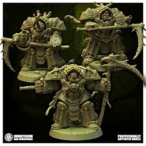 May include: Three beige, unpainted resin tabletop gaming miniatures depicting armoured warriors with insectoid features, each holding a large scythe-like weapon. The text "IMMATERIUM GOD MINIATURES" and "PROFESSIONALLY SUPPORTED MODELS" appears at the bottom.