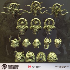 May include: A collection of fourteen light-coloured, unpainted resin miniature components featuring tentacle, horn, and skull motifs. The set includes various head and shoulder armour pieces with intricate textures, displayed against a dark background.