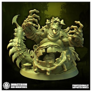 May include: A pale green resin miniature figure of a monstrous creature with a large gaping mouth, prominent teeth, and a long curved tail. The creature has multiple arms raised in a clawed gesture and is mounted on a circular base.