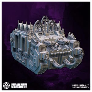May include: A light grey miniature tank model featuring gothic architectural elements, including pointed arches and spires. The vehicle has dual front-mounted cannons, spiked armour plating, and a central skull motif. Text reads Immaterium God Miniatures.