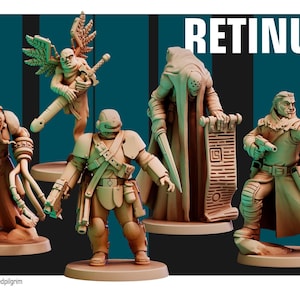 May include: A set of five tan-coloured miniature figurines labelled Retinue 4. The figures include a winged character with a sword, a hooded figure holding a scroll, a soldier with a blaster, and two other armoured characters with various gear.