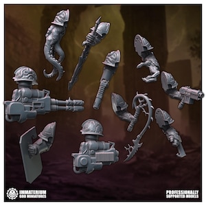 May include: A collection of grey resin miniature parts including various arms, shoulder pads, weapons, and a shield. The components feature intricate armour details and organic textures. Text at the bottom reads Immaterium God Miniatures Professionally Supported Models.