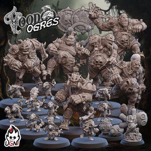 May include: A collection of unpainted grey resin miniature figures titled Voodoo Ogres, featuring several large muscular ogre characters with skull-themed armour and smaller goblin-like creatures, all standing on circular bases.